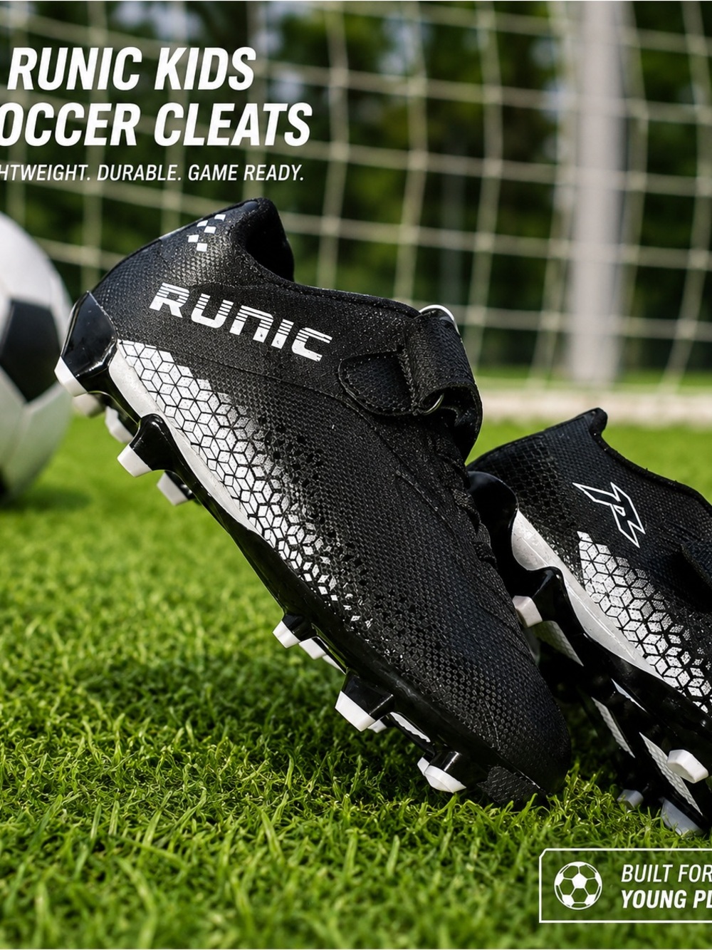 RUNIC Kids Black Soccer/Football Outdoor Athletic shoe.  Brand new w/o tags